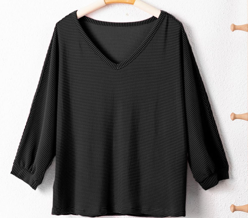 Texture V-Neck Long Sleeve Top