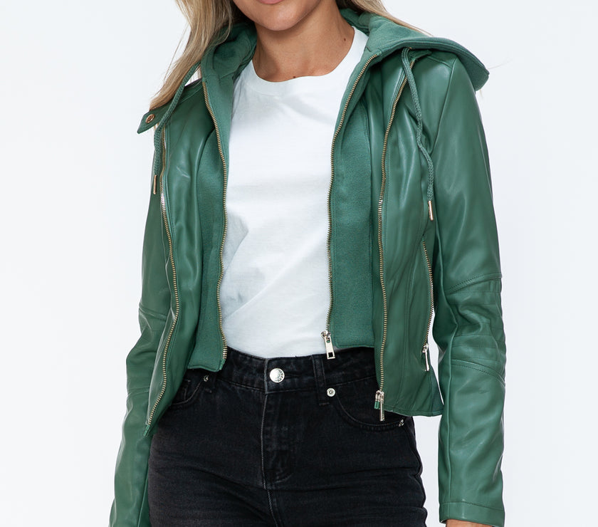 Snobbish Faux Leather Zip Up Drawstring Hooded Jacket