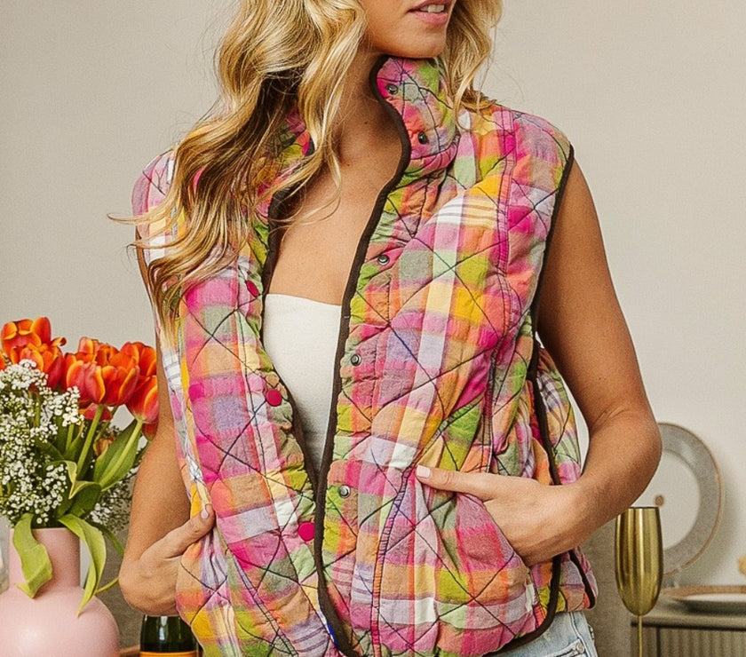 BiBi Quilted Washed Plaid Snap Down Vest