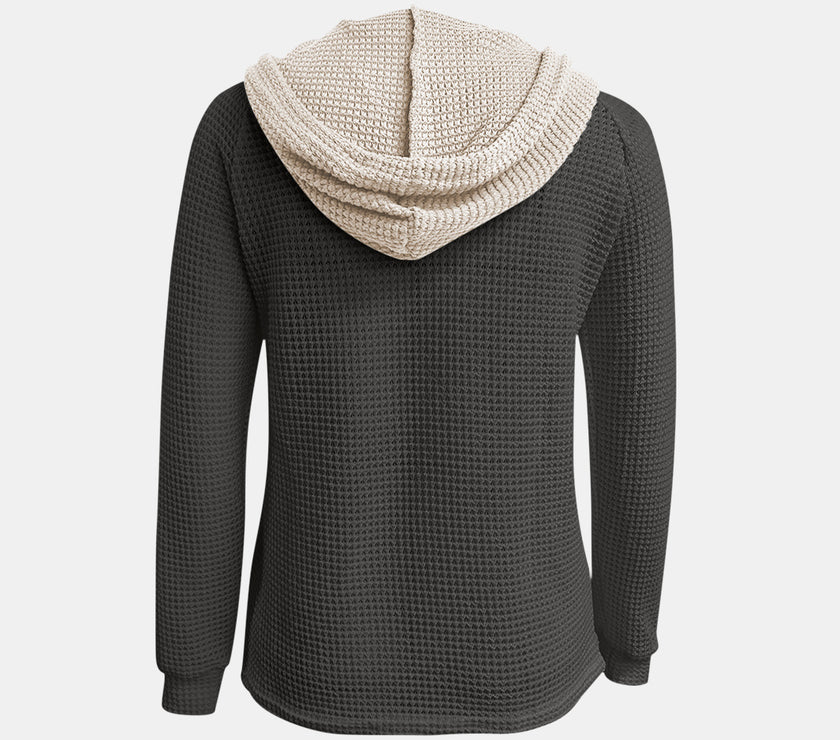 Full Size Waffle-Knit Contrast Long Sleeve Hoodie