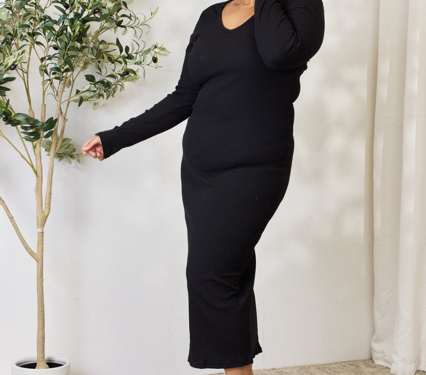 Culture Code Full Size Ribbed Long Sleeve Midi Slit Dress