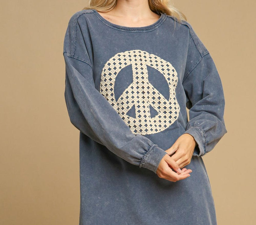 Umgee Peace Lace Applique Frayed Hem French Terry Mini Dress