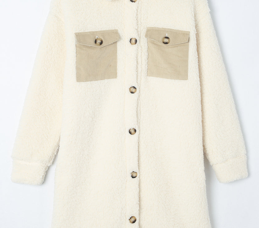 Collared Neck Long Sleeve Longline Teddy Jacket