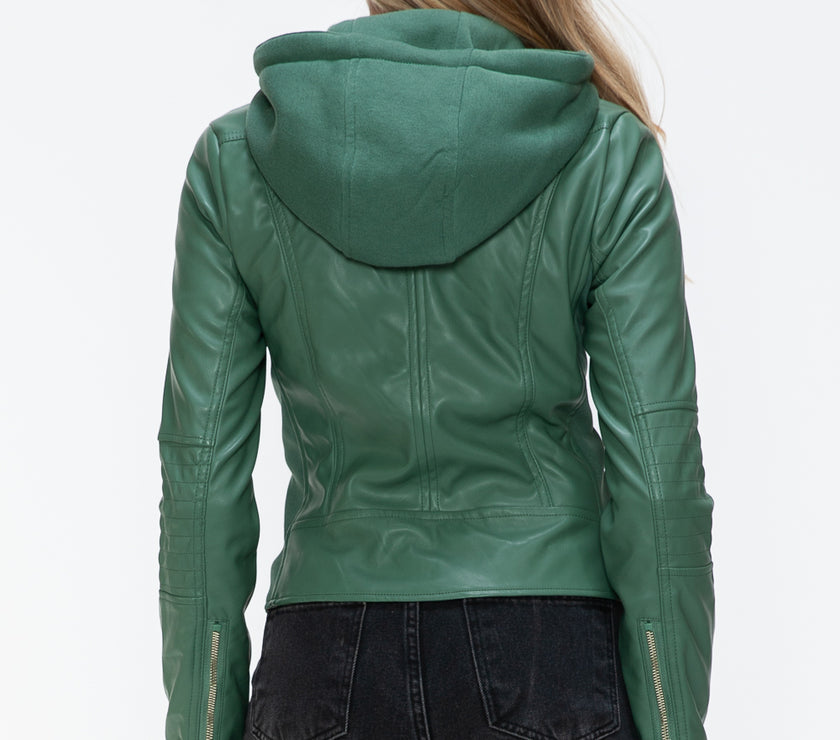 Snobbish Faux Leather Zip Up Drawstring Hooded Jacket