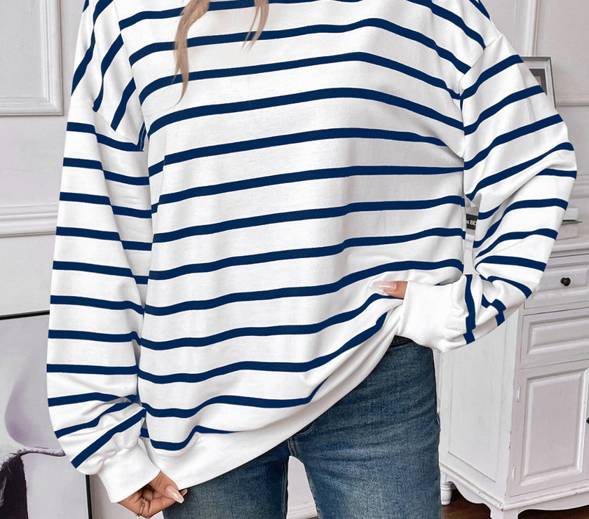 Lovelet Striped Round Neck Long Sleeve Sweatshirt