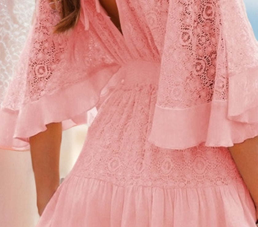 Ruffle Hem Tie Back Lace Mini Dress