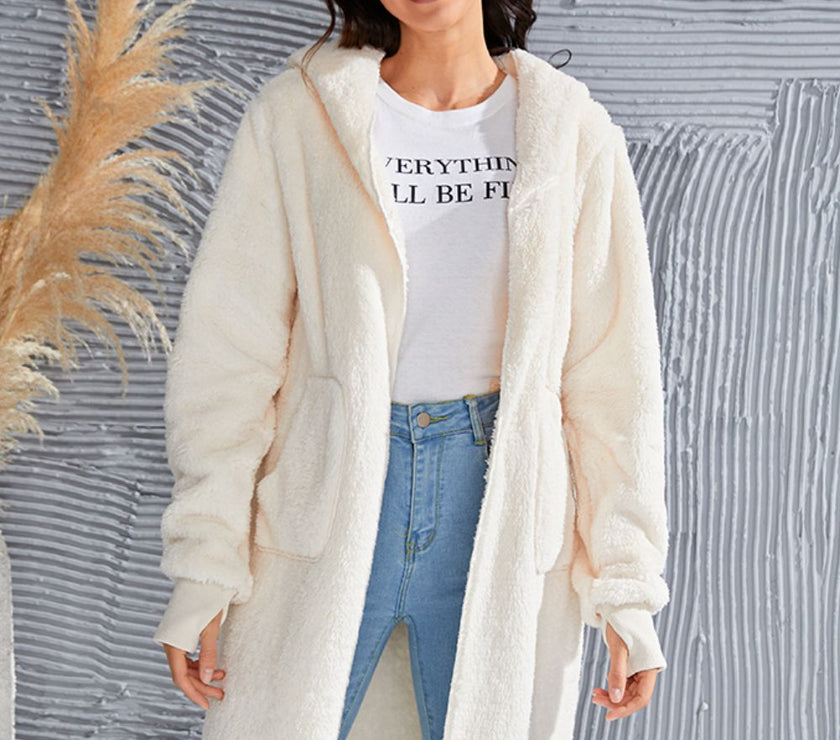 Double Take Full Size Hooded Teddy Bear Jacket with Thumbholes