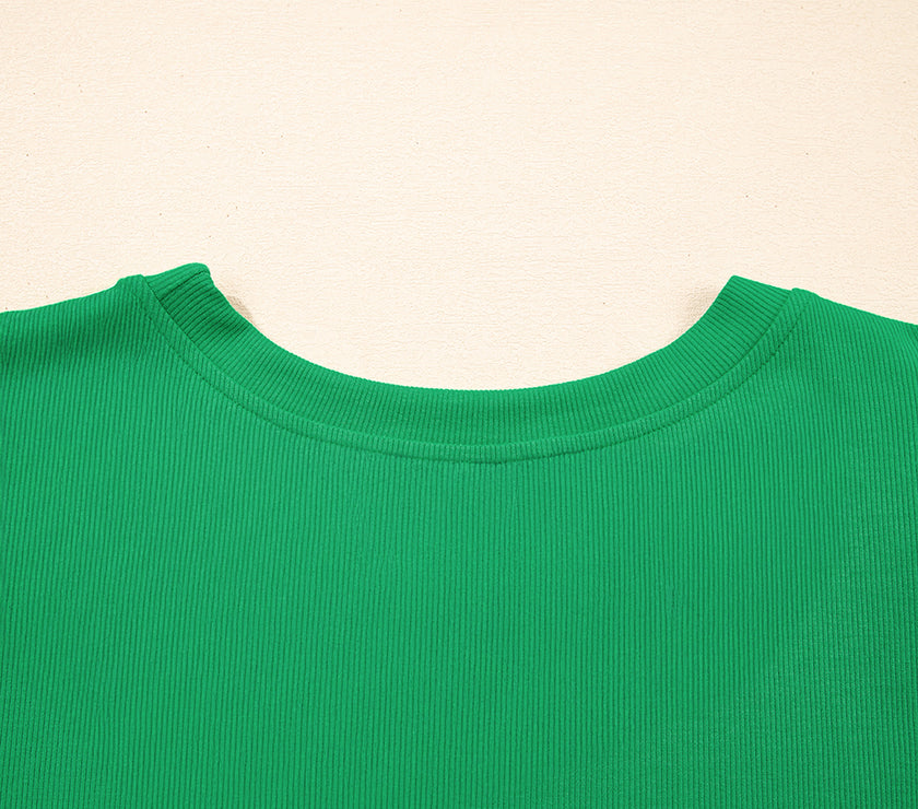 Bright Green Ribbed Pearl Beaded Puff Sleeve Top