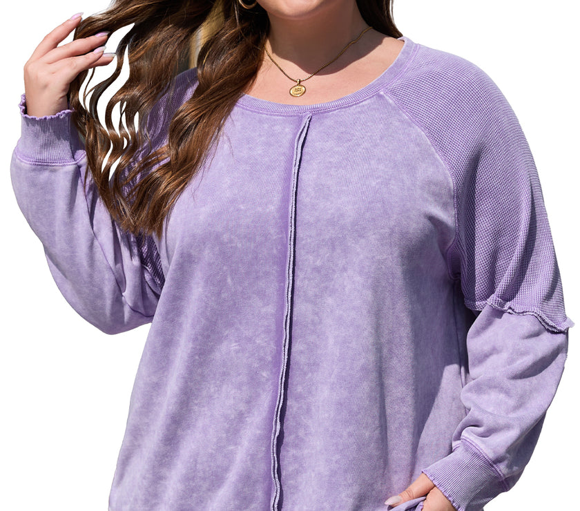 Orchid Petal Textured Patchwork Frilled Trim Plus Size Pullover Sweatshirt