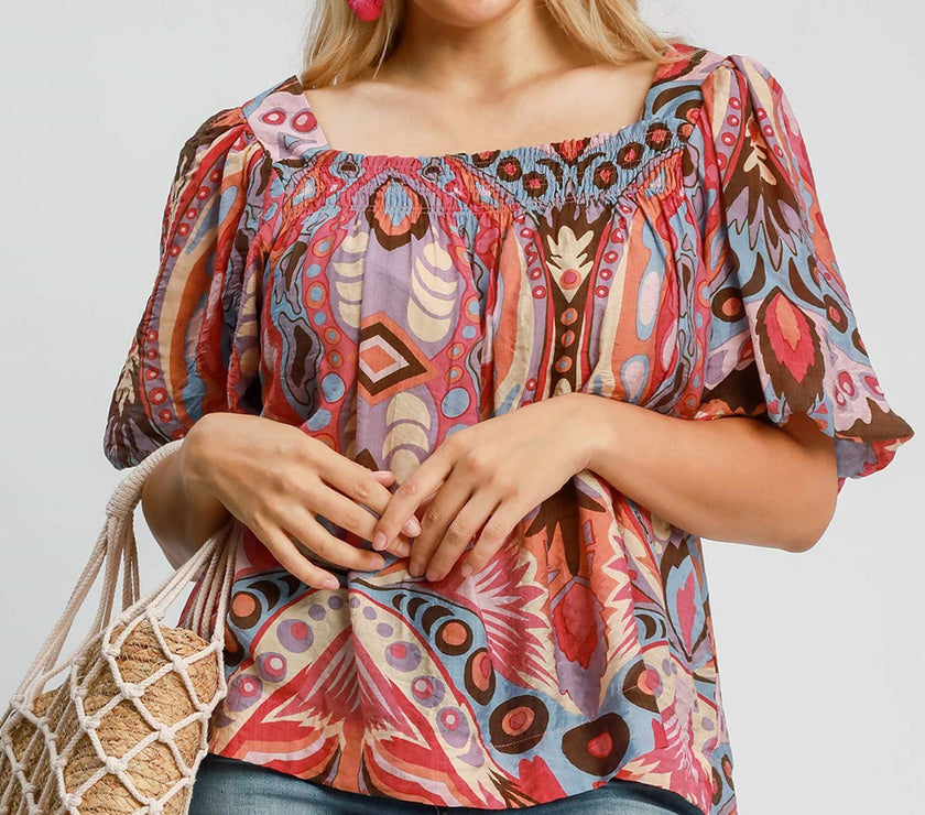 Umgee Full Size Abstract Print Smocked Square Neck Puff Sleeve Blouse