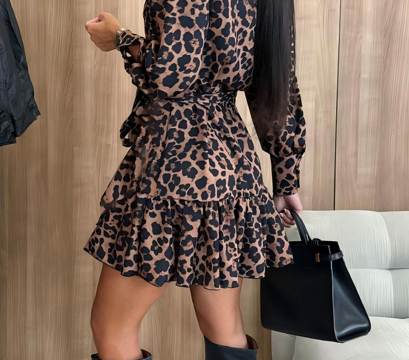 Tied Leopard Surplice Long Sleeve Dress
