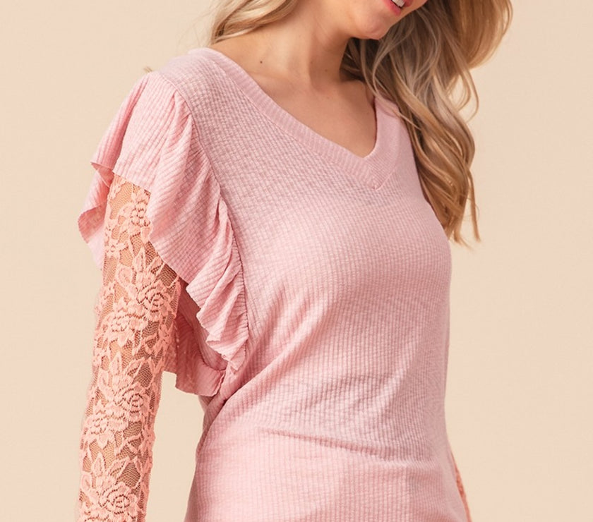 BiBi Ruffled Lace Sleeve Rib Knit Top