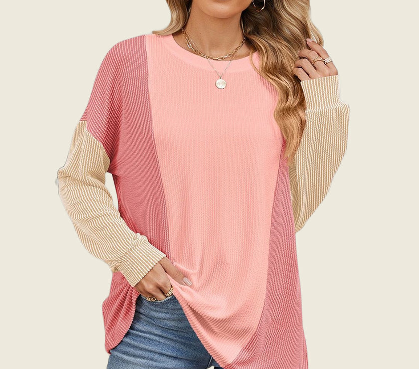 Double Take Texture Contrast Round Neck Long Sleeve T-Shirt