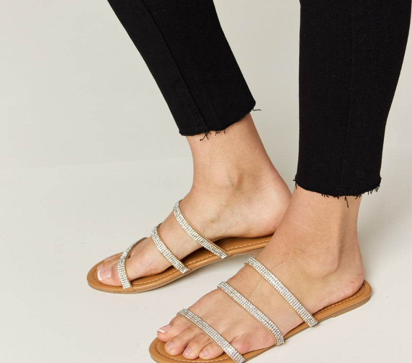 WILD DIVA Rhinestone Three-Strap Flat Sandals