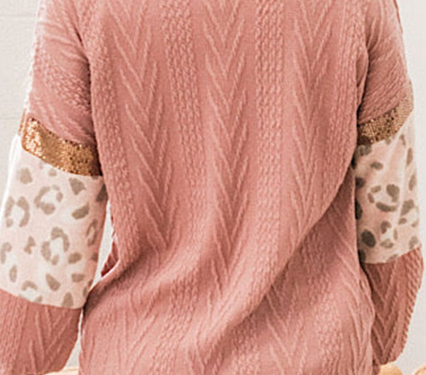 Sequin Leopard Round Neck Long Sleeve Sweater
