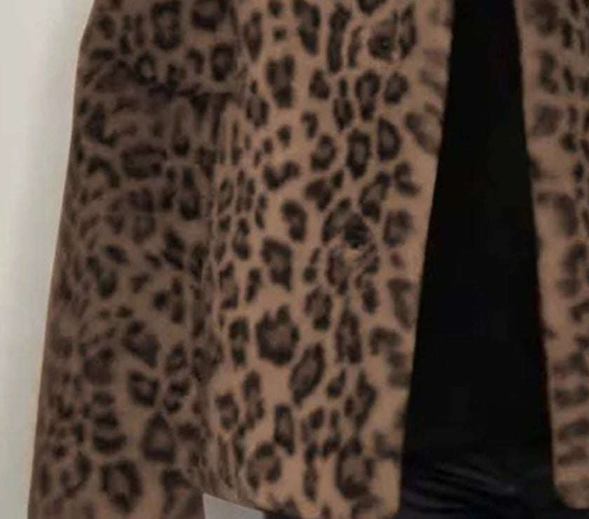 Full Size Leopard Furry Collared Neck Long Sleeve Coat