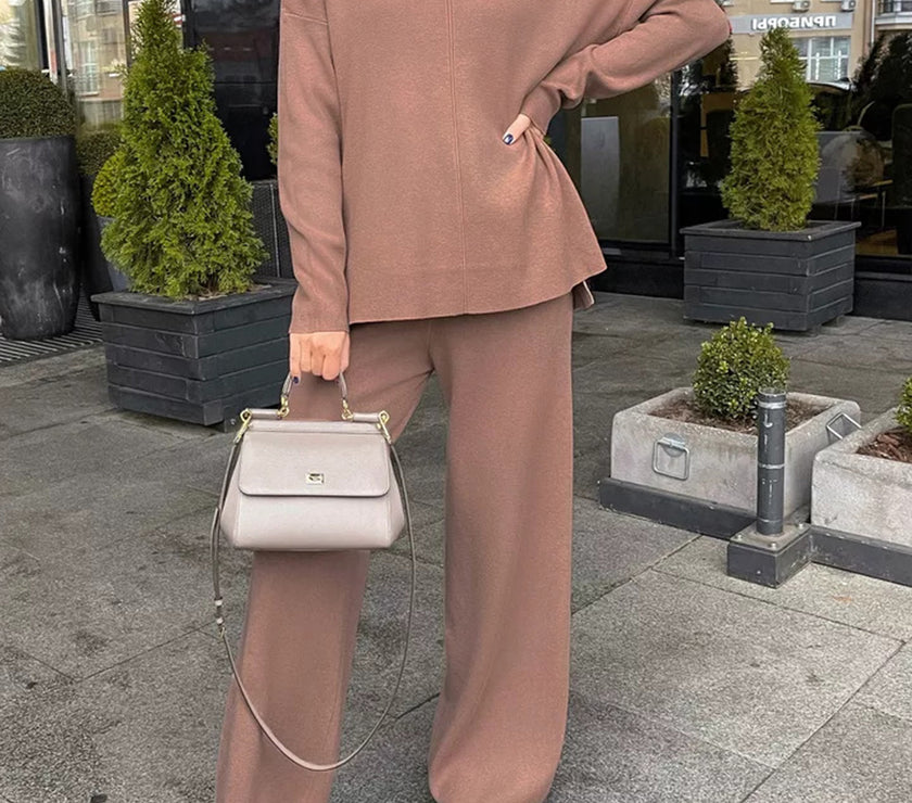 Slit Mock Neck Top and Pants Sweater Set