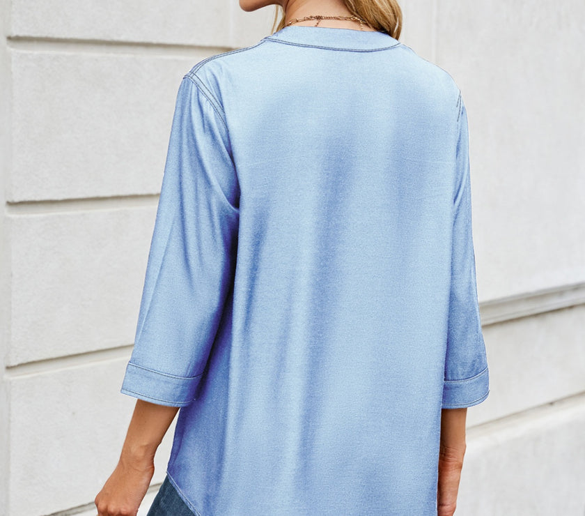 Notched Three-Quarter Sleeve Denim Top