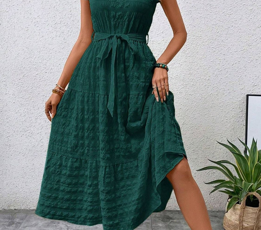 Tied Ruffled Cap Sleeve Midi Dress