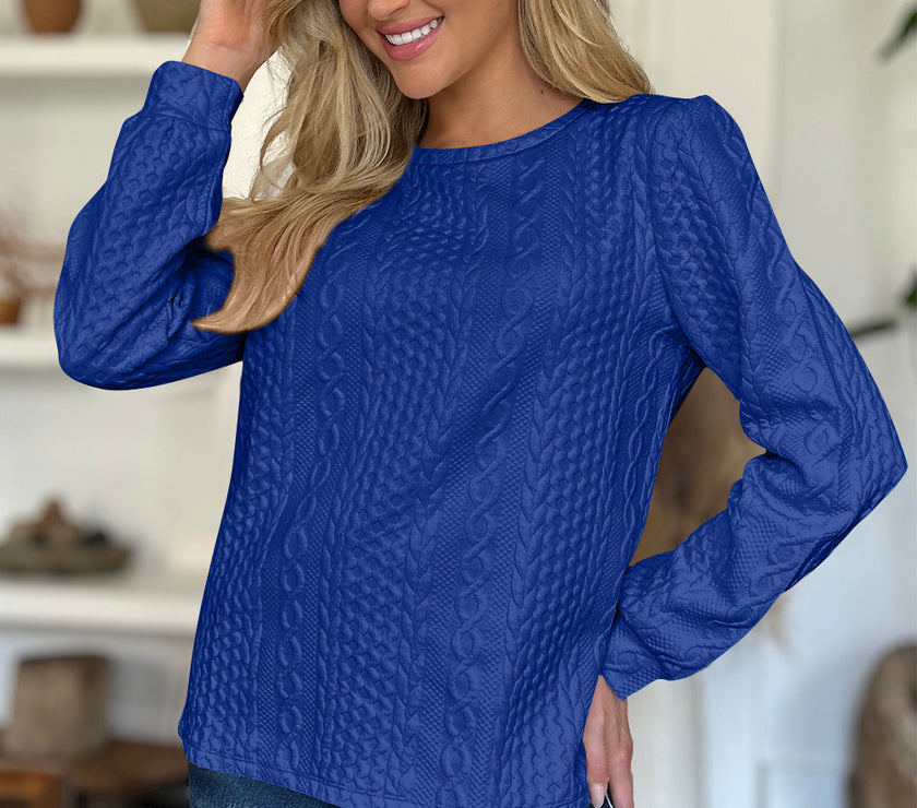 FAM-FAM Textured Round Neck Long Sleeve Sweatshirt