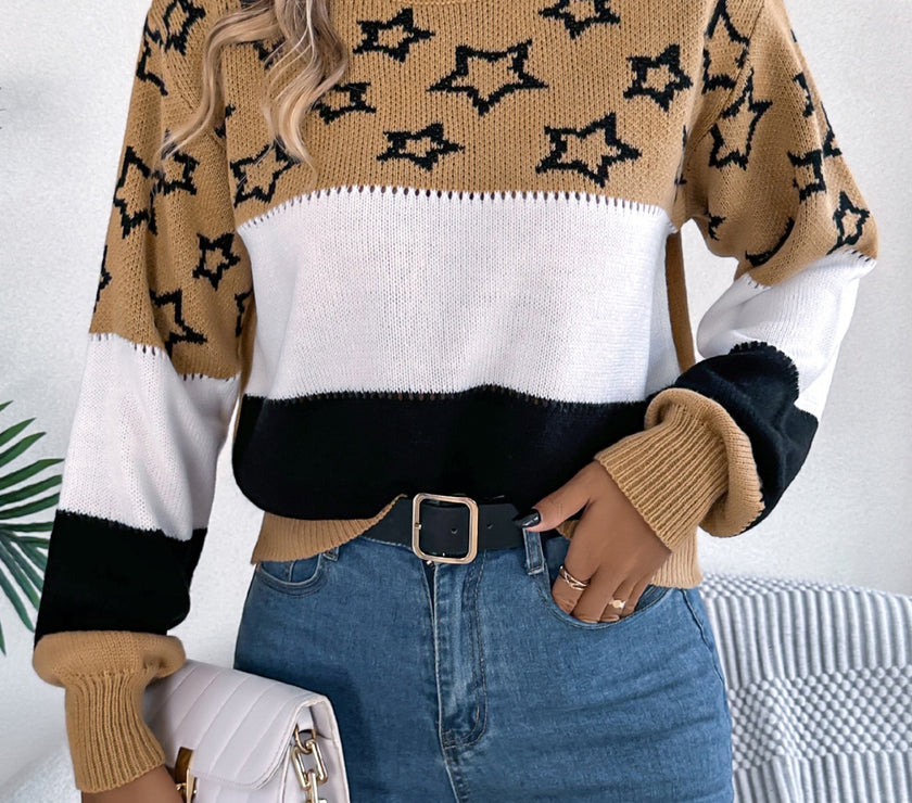 Star Contrast Round Neck Sweater