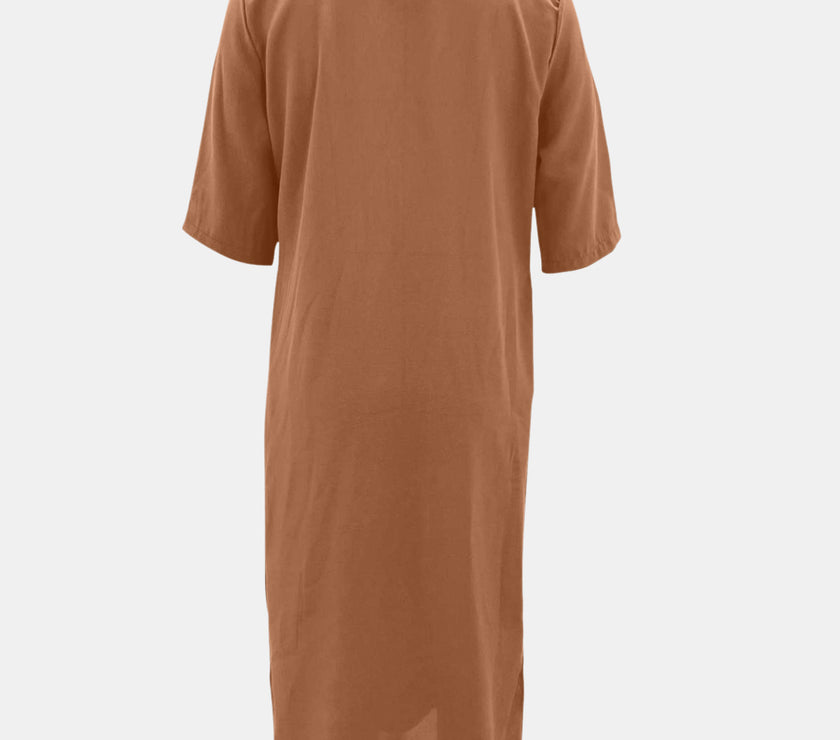 Full Size Notched Half Sleeve Midi Dress