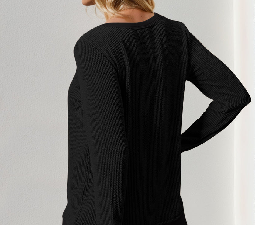 Double Take Corded Rib Thumbhole Cuff Round Neck T-Shirt