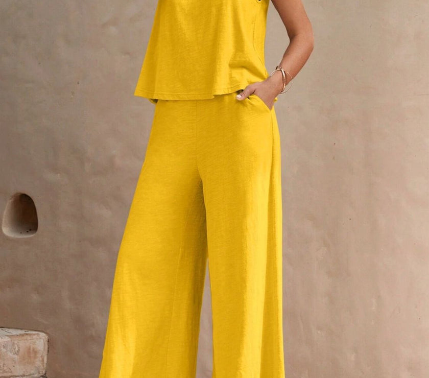 Round Neck Sleeveless Top and Wide Leg Pants Set