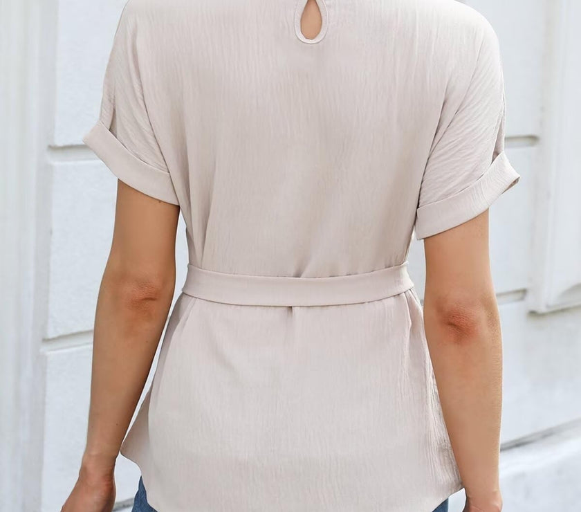 Tie Waist Round Neck Short Sleeve Blouse
