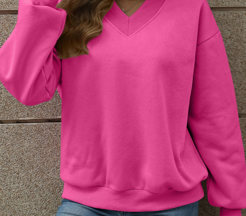 V-Neck Long Sleeve Dropped Shoulder Sweatshirt