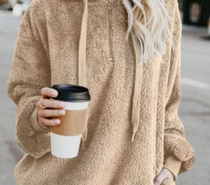 Full Size Quarter-Zip Drawstring Teddy Hoodie