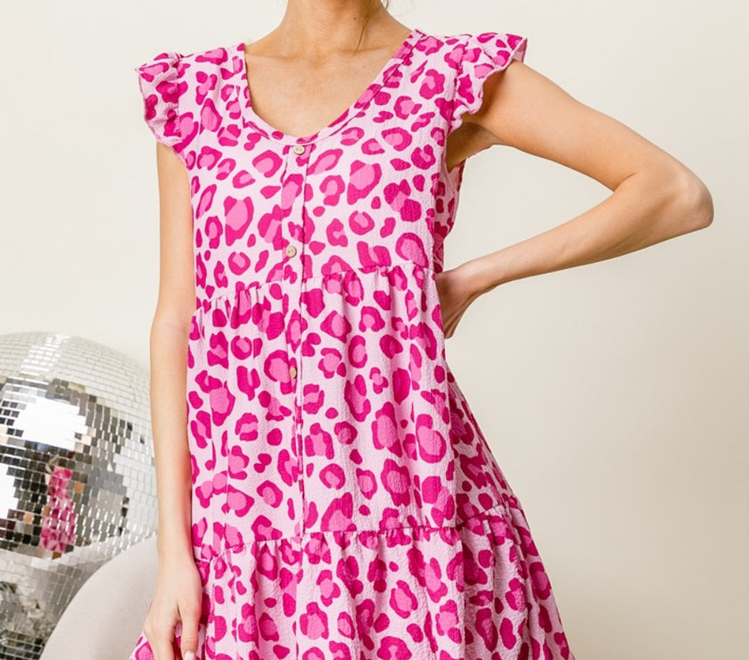 BiBi Leopard Cap Sleeve Tiered Mini Dress