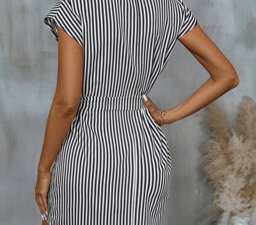 Tied Striped Cap Sleeve Mini Dress