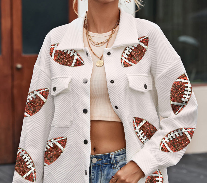 Sequin Football Patch Collared Neck Snap Button Jacket