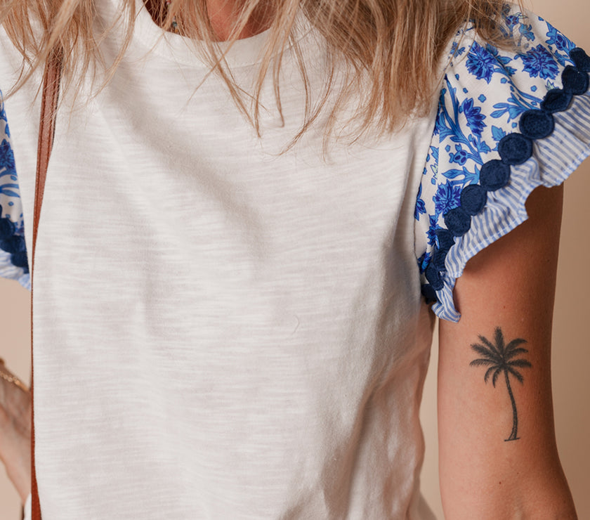 Blue Ricrac Trim Printed Flutter Sleeve Contrast Patchwork Blouse