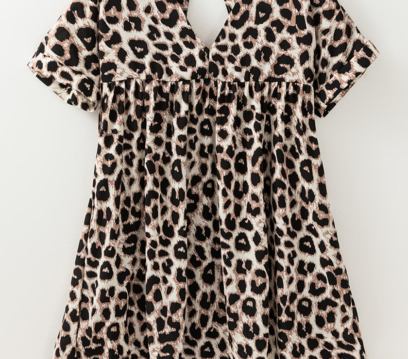 Cutout Back Leopard V-Neck Short Sleeve Mini Dress