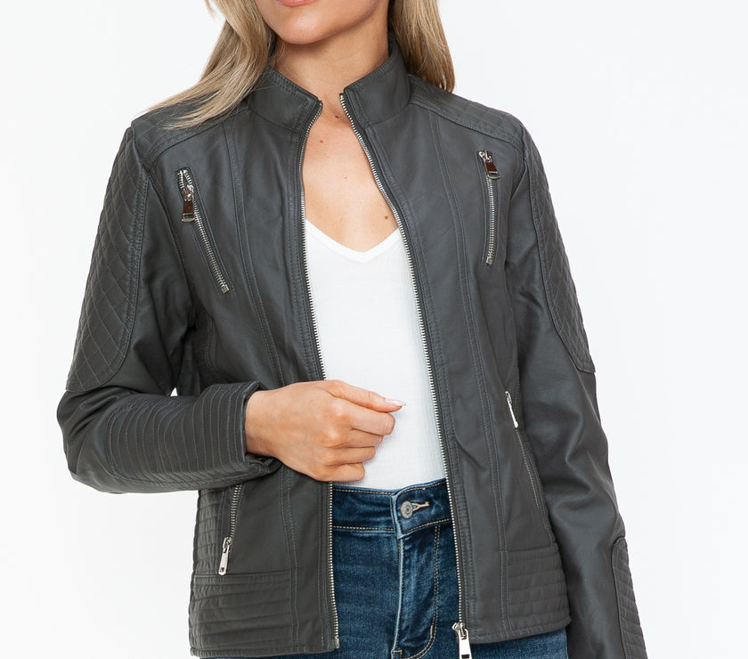 Snobbish Faux Leather Zip Up Mock Neck Jacket