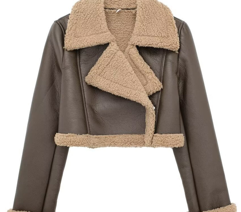 Collared Neck Long Sleeve Plush Cropped Jacket