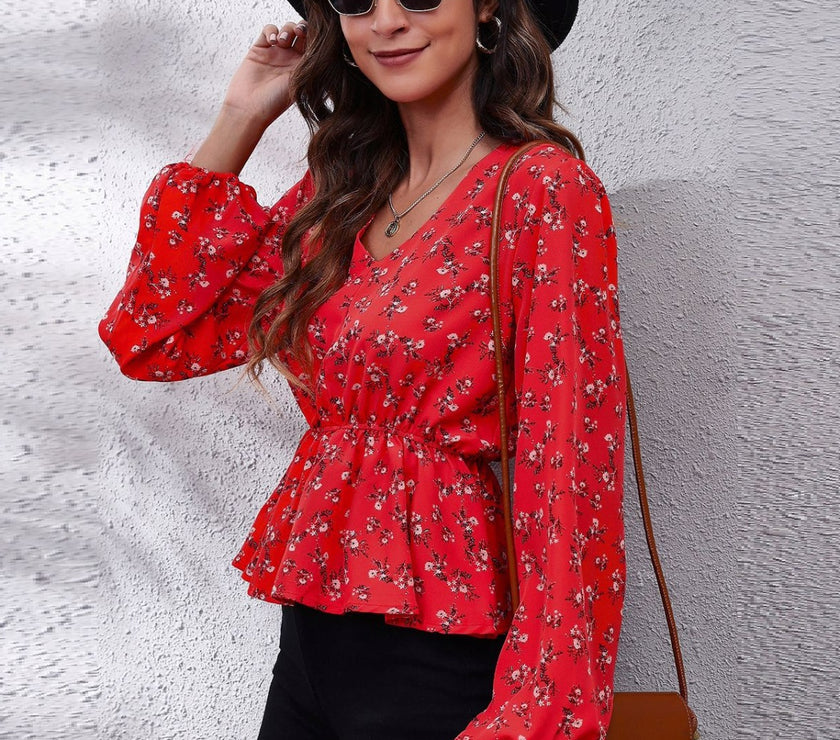 Ruched Printed V-Neck Long Sleeve Blouse
