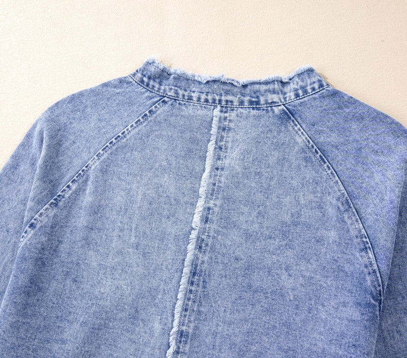 Raw Hem Button Down Long Sleeve Denim Dress