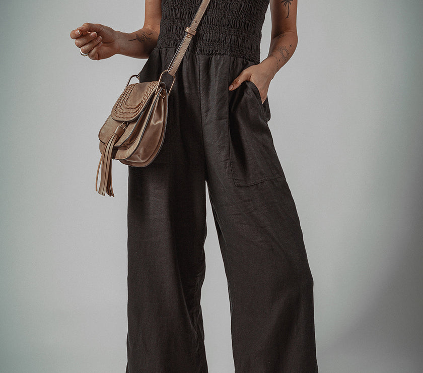 Black Spaghetti Straps Shirred Bodice Pocketed Wide Leg Jumpsuit