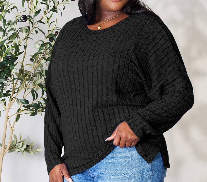 Basic Bae Full Size Ribbed Round Neck Slit Knit Top