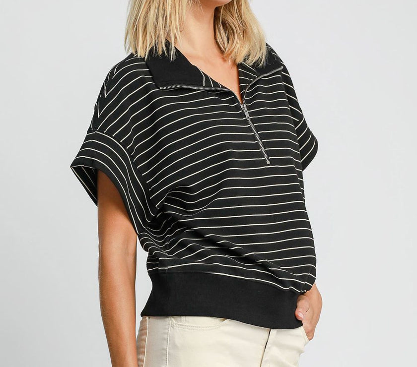 Umgee Striped Half Zip Short Sleeve Sweatshirt