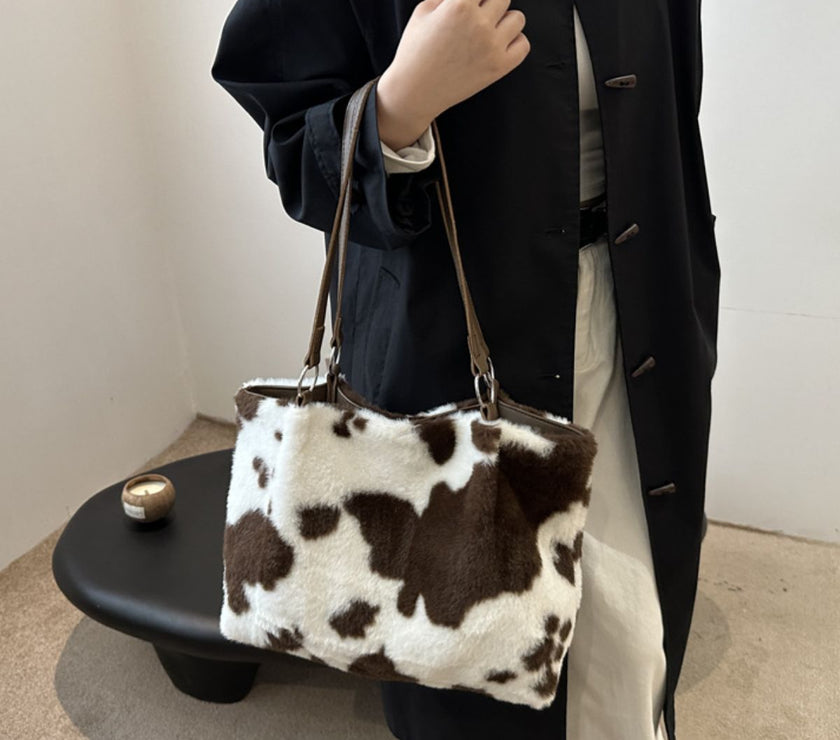 Cow Print Furry Tote Bag