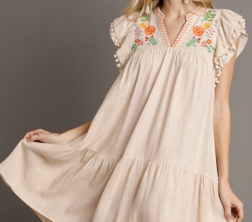 Jet Stream Linen Embroidery Split Neck Pom Pom Ruffle Sleeves Flowy Short Dress