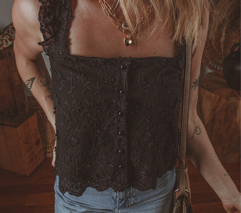 Embroidered Square Neck Wide Strap Tank