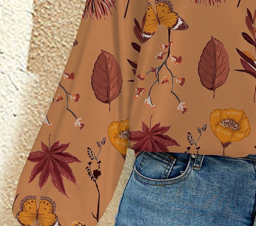 FAM-FAM Printed Notched Long Sleeve Blouse