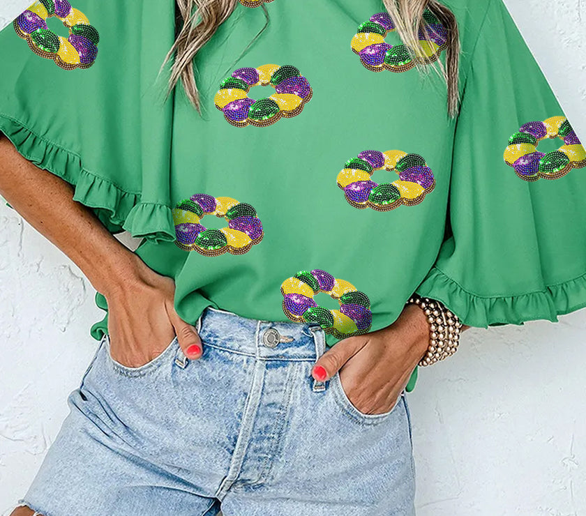 Green Sequin Doughnut Graphic Ruffled Trim Bell Sleeve Mardi Gras Blouse