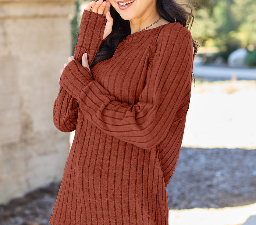 Basic Bae Full Size Ribbed Round Neck Long Sleeve Knit Top