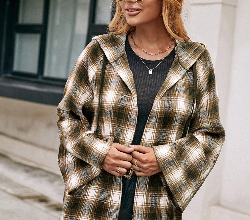 Ivy Lane Pocketed Plaid Long Sleeve Hooded Jacket
